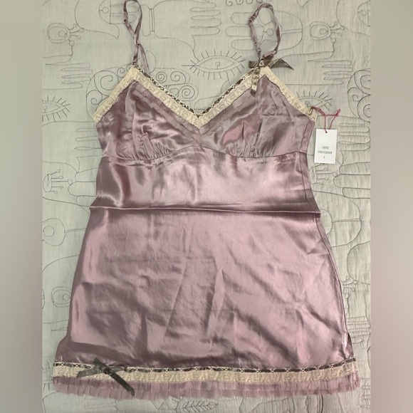 NEW Gold Hawk Silk Chemise Lace Cami Bow Detail Sz L Mauve Shadow - Picture 1 of 7